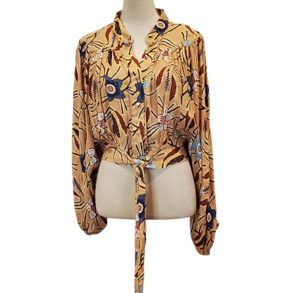 CHRISTIAN SIRIANO NY SZ L Flowy Long-sleeve Button-up Rayon Top Blouse Tie Front - Picture 1 of 10